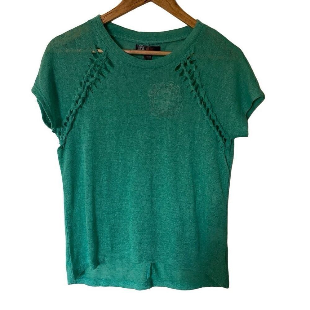 J. J. Basics teal distressed short sleeve blouse size medium 100% polyester
